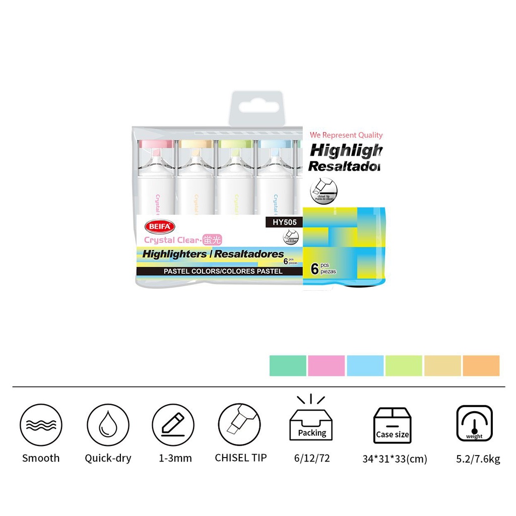 Marcador resaltador flúo x4, punta biselada, en estuche de PVC, BEIFA