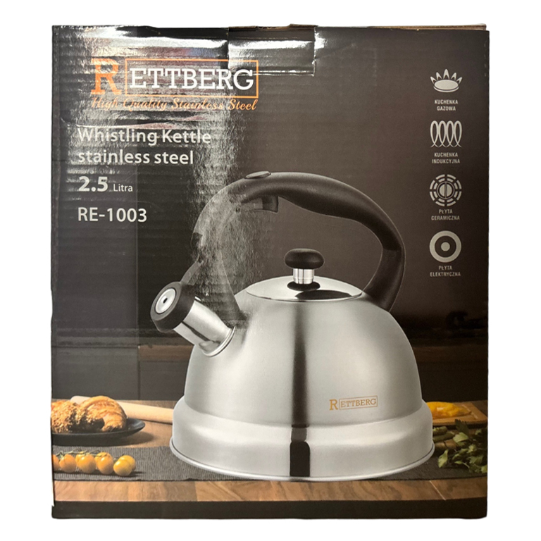 Caldera de acero inoxidable 2.5L, mango de plástico, en caja, varios colores