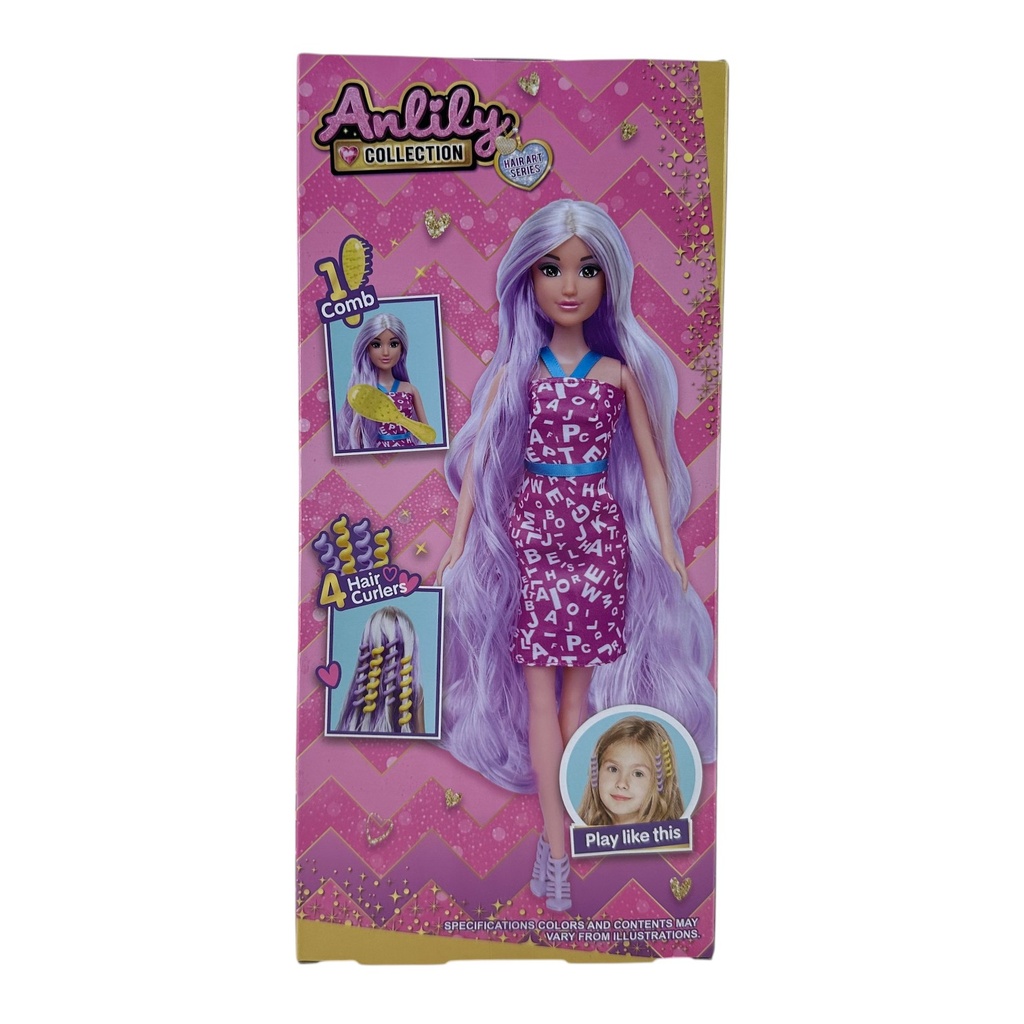 Muñeca articulada con accesorios para el cabello, en caja