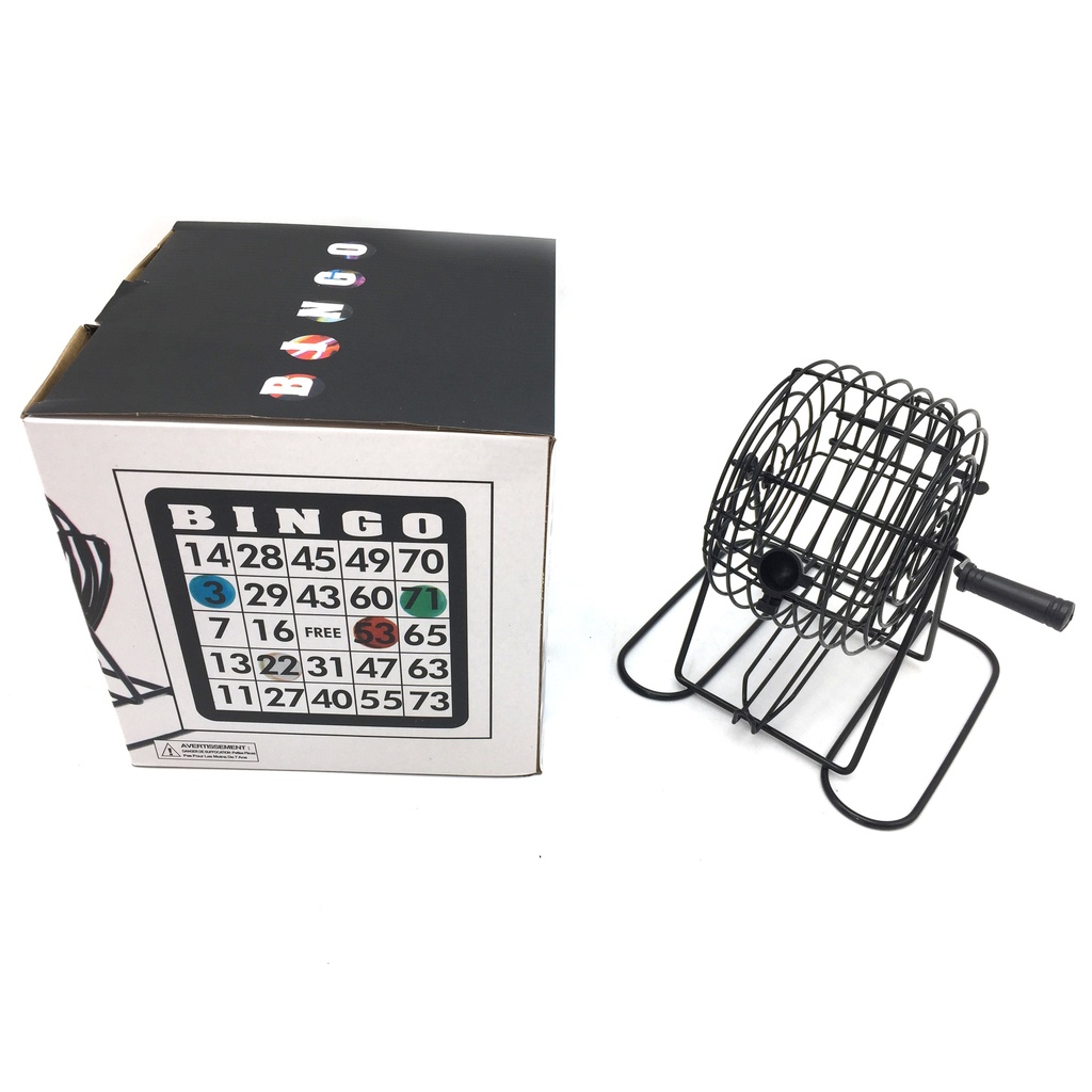 Juego de mesa, bingo, bolillero de metal, con cartones y marcadores, en caja