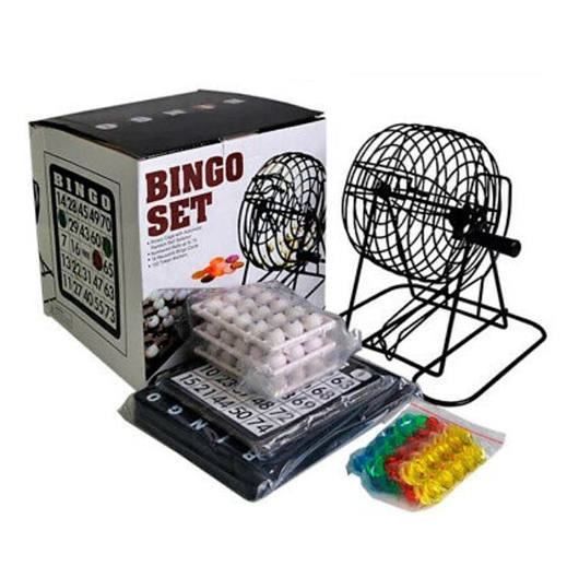 Juego de mesa, bingo, bolillero de metal, con cartones y marcadores, en caja