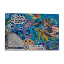 Cuadro para colorear por números, con acuarelas y pinceles, diseño fondo del mar, en caja