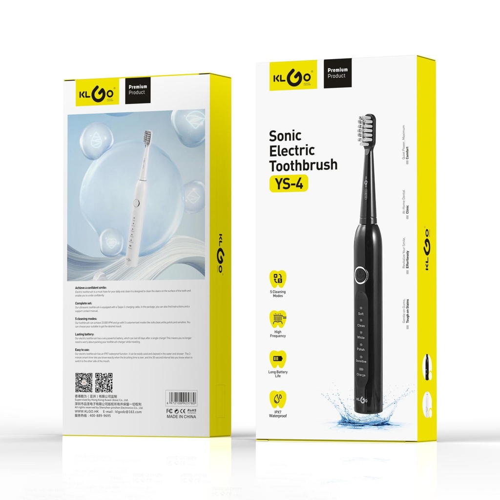 Cepillo de dientes eléctrico, recarga USB-C, 5 niveles, 2 cabezales de repuesto, en caja, KLGO
