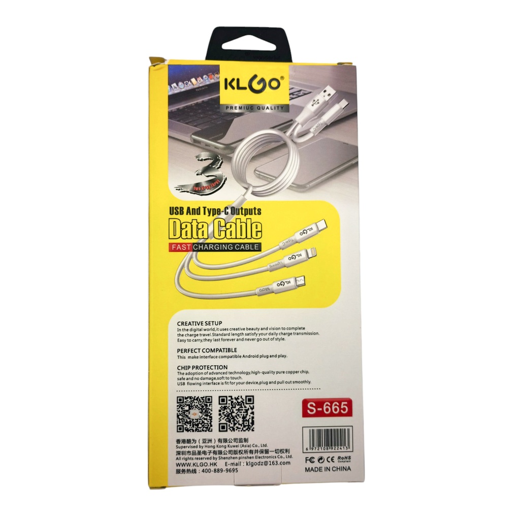 Cable de carga multiple 3 en 2 con doble entrada, KLGO en caja
