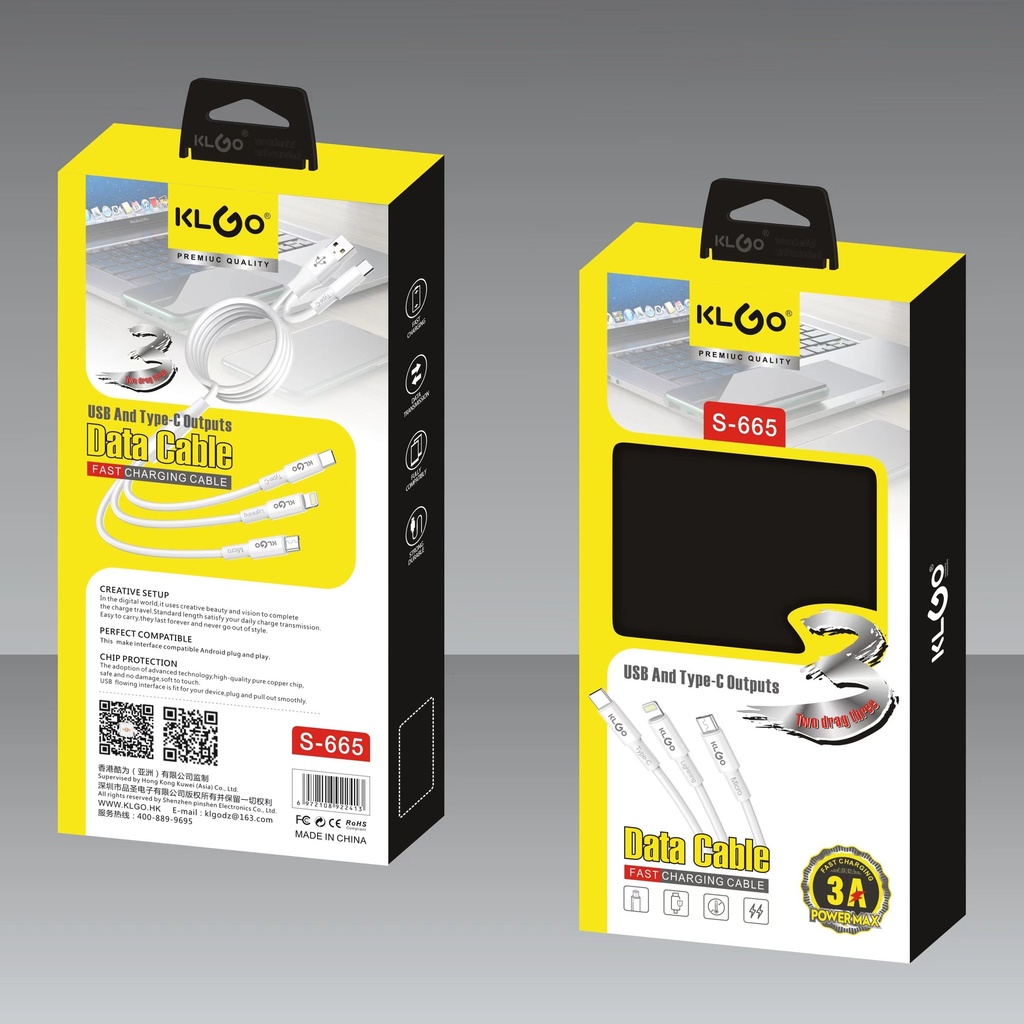 Cable de carga multiple 3 en 2 con doble entrada, KLGO en caja