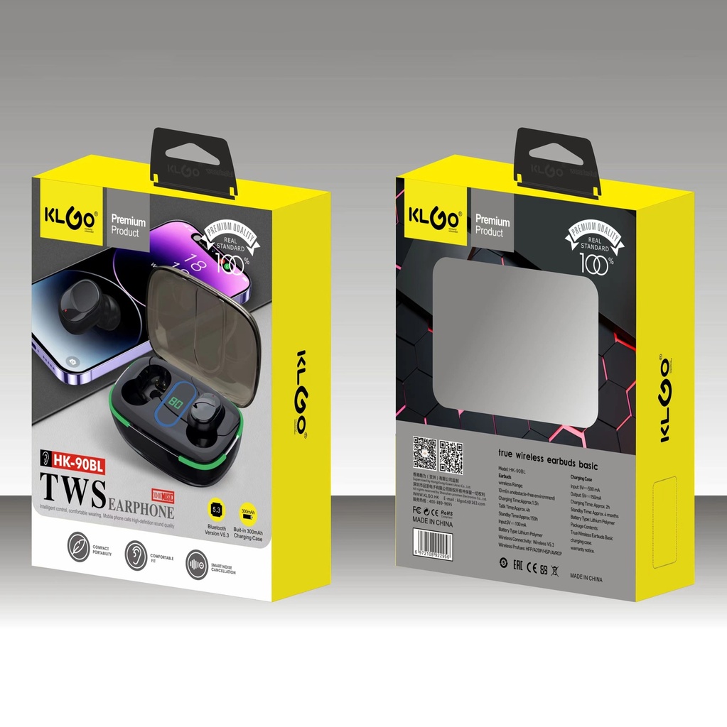 Auriculares inalámbricos Bluetooth V5 TWS.3, con cargador, negro KLGO en caja