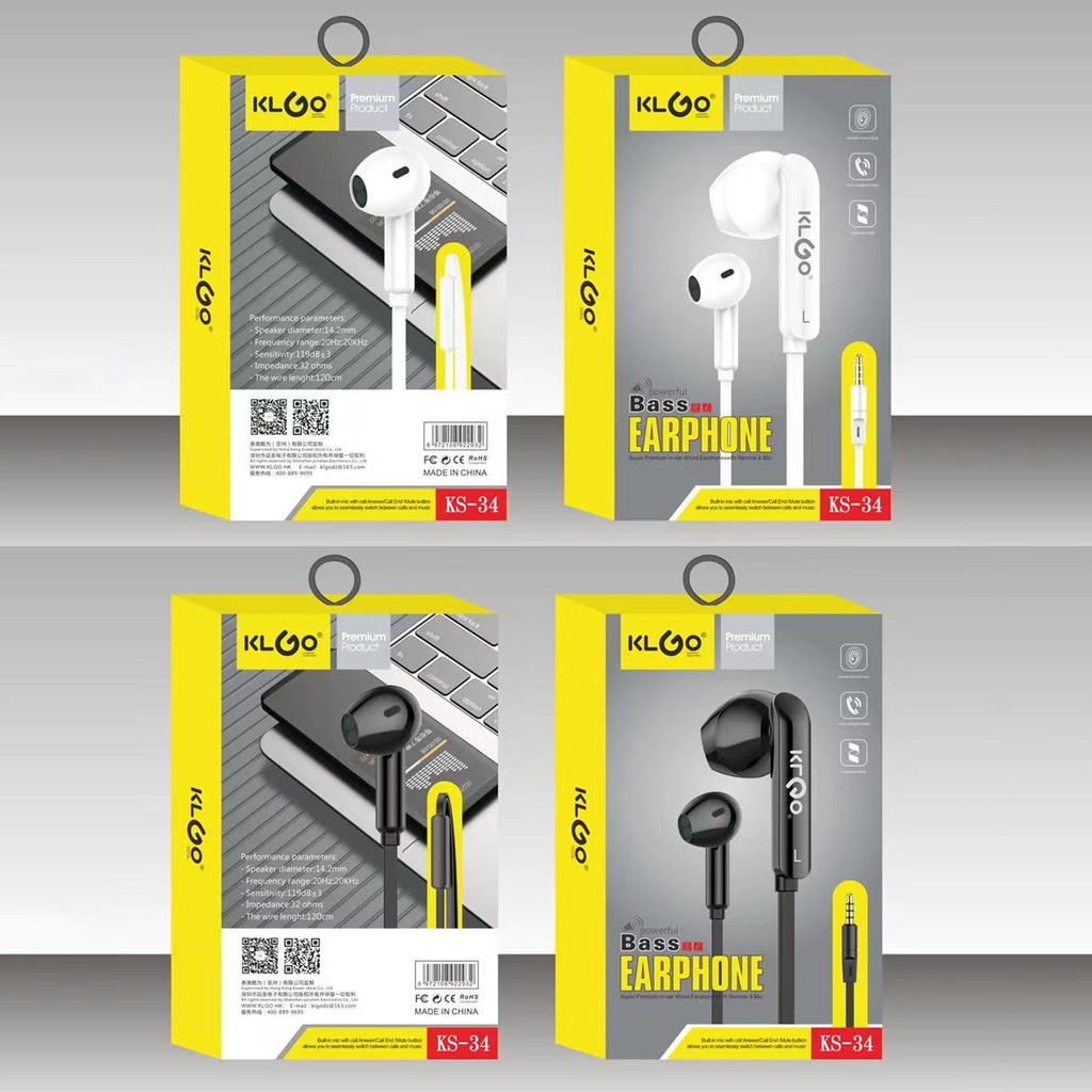 Auriculares con cable auxiliar 3.5mm, varios colores, KLGO en caja