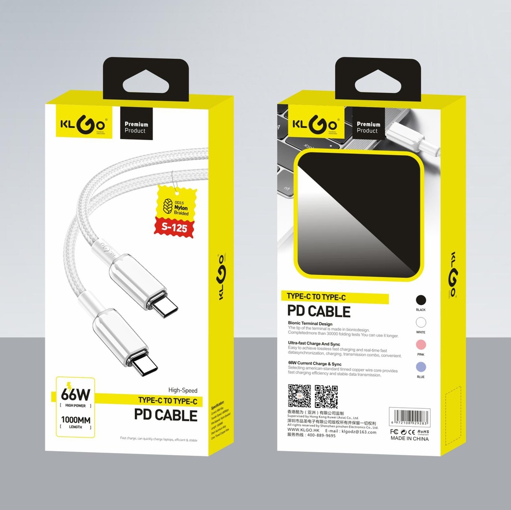 Cable USB entrada y salida tipo C, varios colores, KLGO en caja