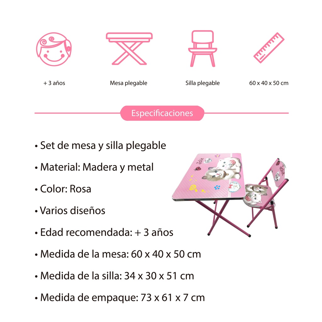 Mesa y silla plegable, madera y metal ROSADO, varios diseños en caja