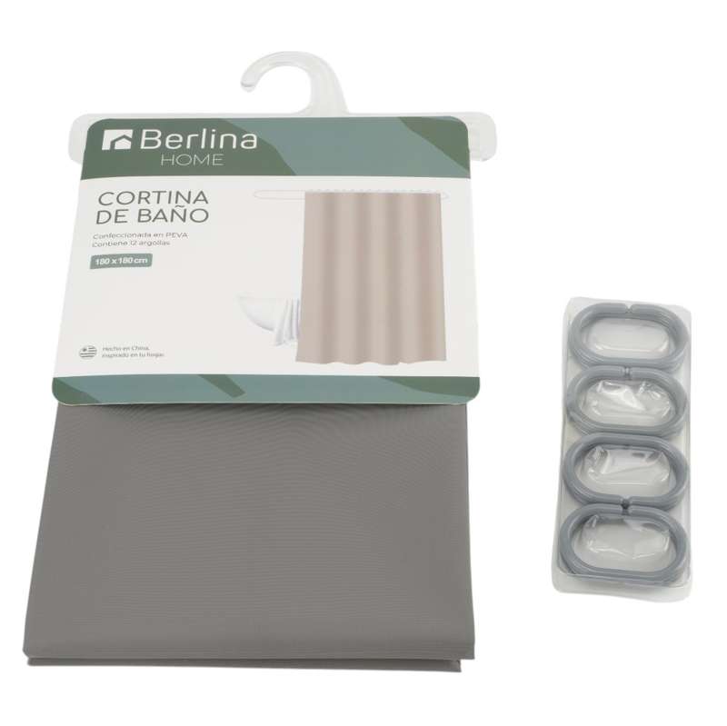 Cortina de baño con 12 aros de plástico, de PEVA, Gris, Berlina home, en bolsa