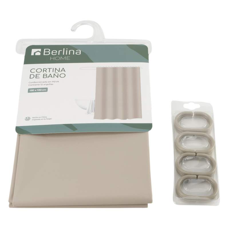 [G3261B] Cortina de baño con 12 aros de plástico, de PEVA, BEIGE, Berlina home, en bolsa