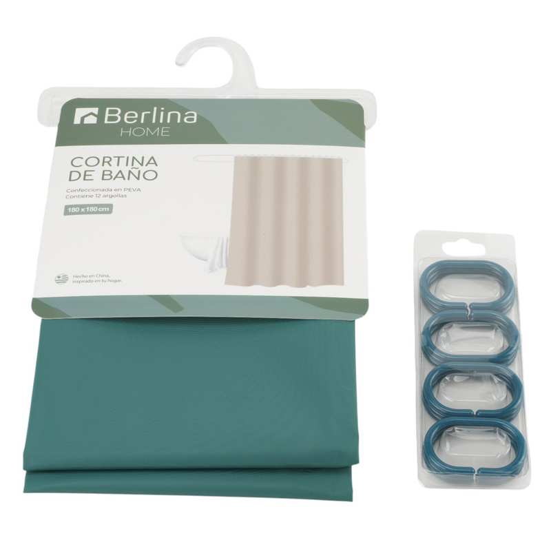 [G3261C] Cortina de baño con 12 aros de plástico, de PEVA, VERDE OSCURO, Berlina home, en bolsa
