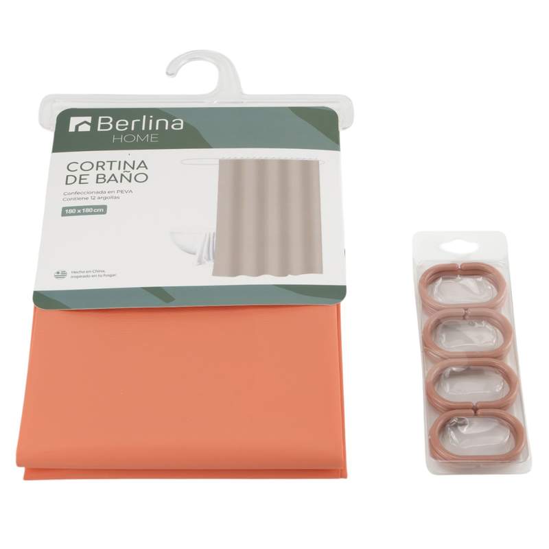 Cortina de baño con 12 aros de plástico, de PEVA, SALMÓN, Berlina home, en bolsa