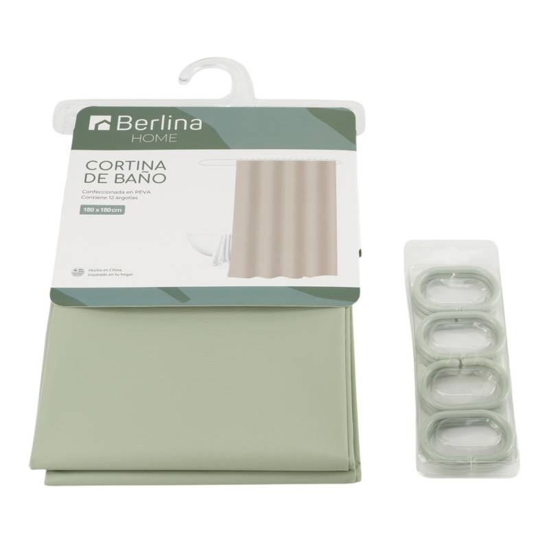 Cortina de baño con 12 aros de plástico, de PEVA, VERDE CLARO, Berlina home, en bolsa