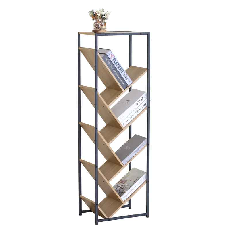 Mueble biblioteca de hierro y MDF, 8 estantes diagonales, en caja Berlina Home