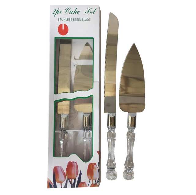 Pala y cuchillo para torta de metal con mango de plástico, en caja