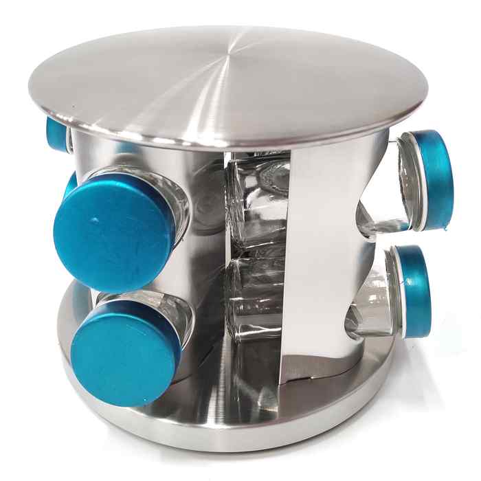 Especieros de vidrio x8, con soporte de metal, en caja