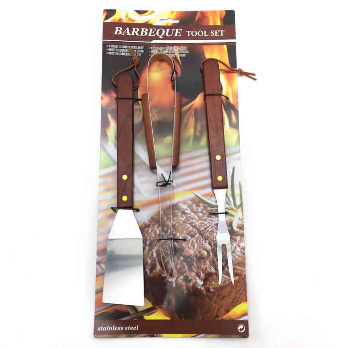 Set de parrilla x3 mango largo de madera, en cartón