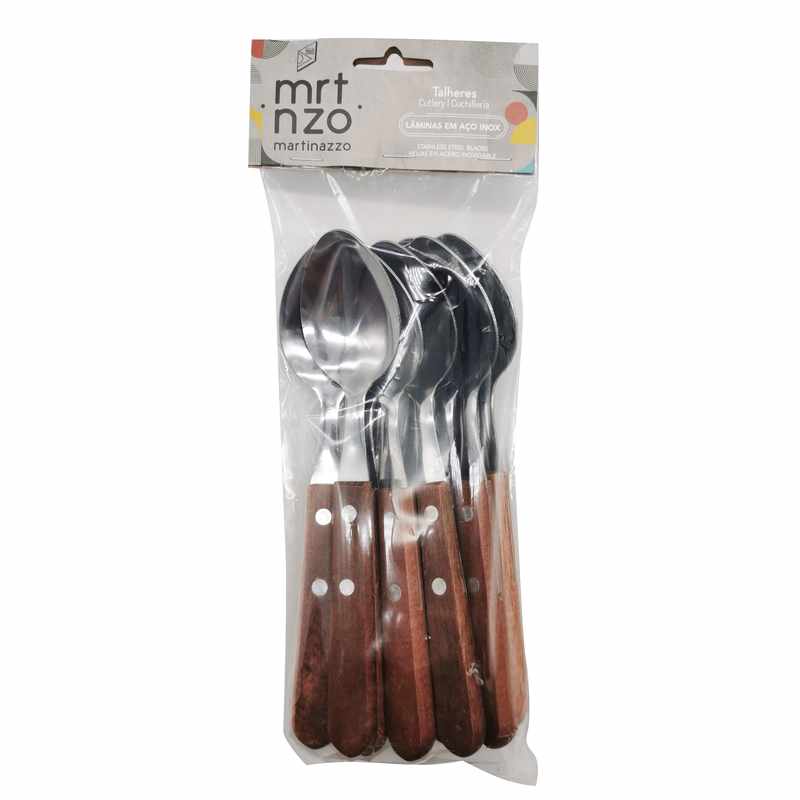 [HA3488] Cubiertos cucharas de mesa x12 en bolsa acero inoxidable mango de madera, UNIVERSAL MARTINAZZO