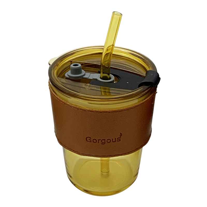 [HA3672] Vaso con sorbito, de vidrio 450ml, con tapa banda aislante en caja, varios colores