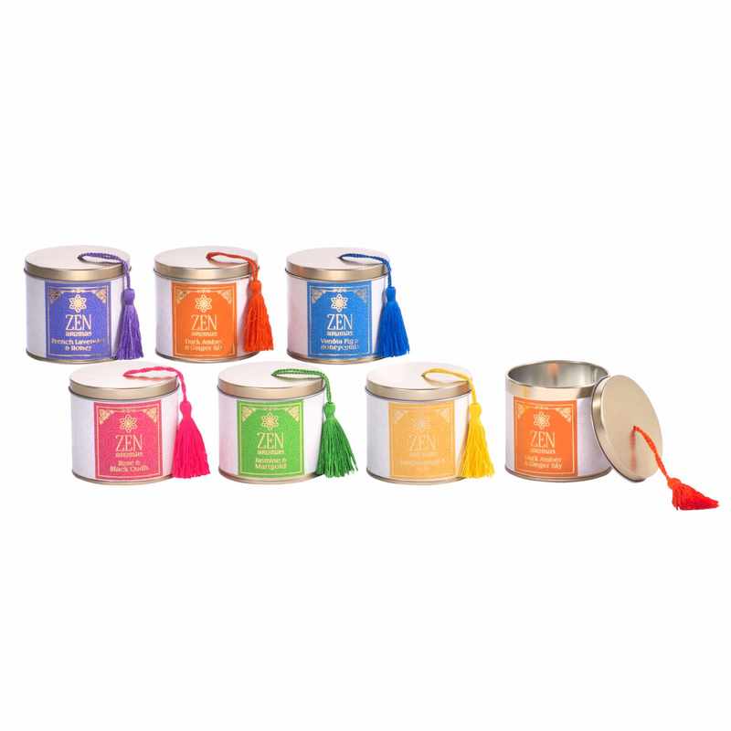 Vela frasco de metal ZEN con tapa, CAJAx6 varias fragancias