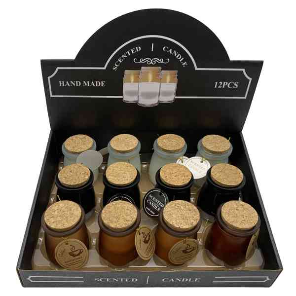 Vela aromática, frasco de vidrio con tapa CAJAx12, varias fragancias