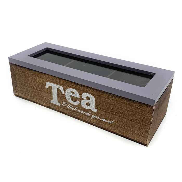 Caja para té de madera y vidrio, 3 reparticiones, con diseño