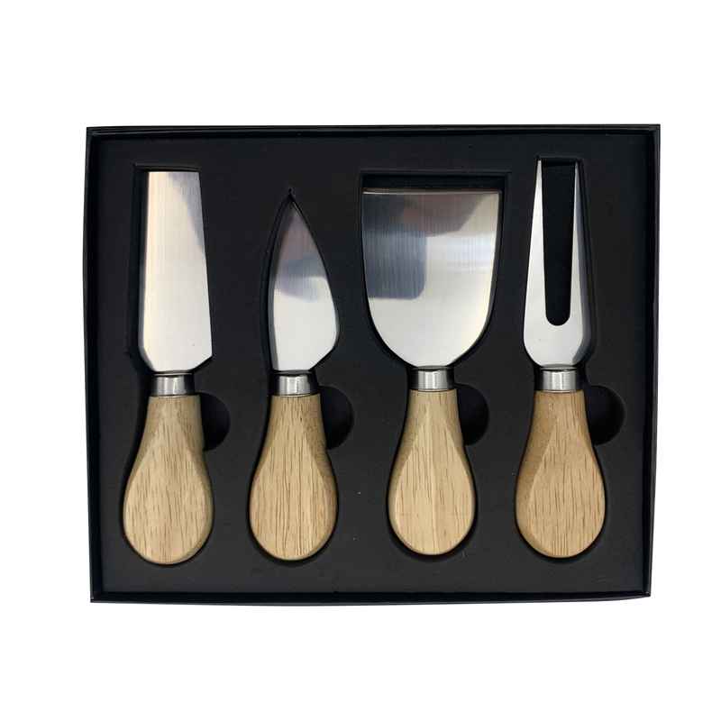 Cuchillo y utensilios para queso, de acero inoxidable y madera, en caja
