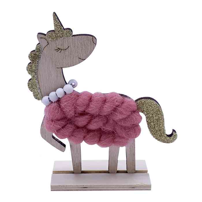 [HA3822] Adorno de mesa, unicornio de madera y lana, en bolsa