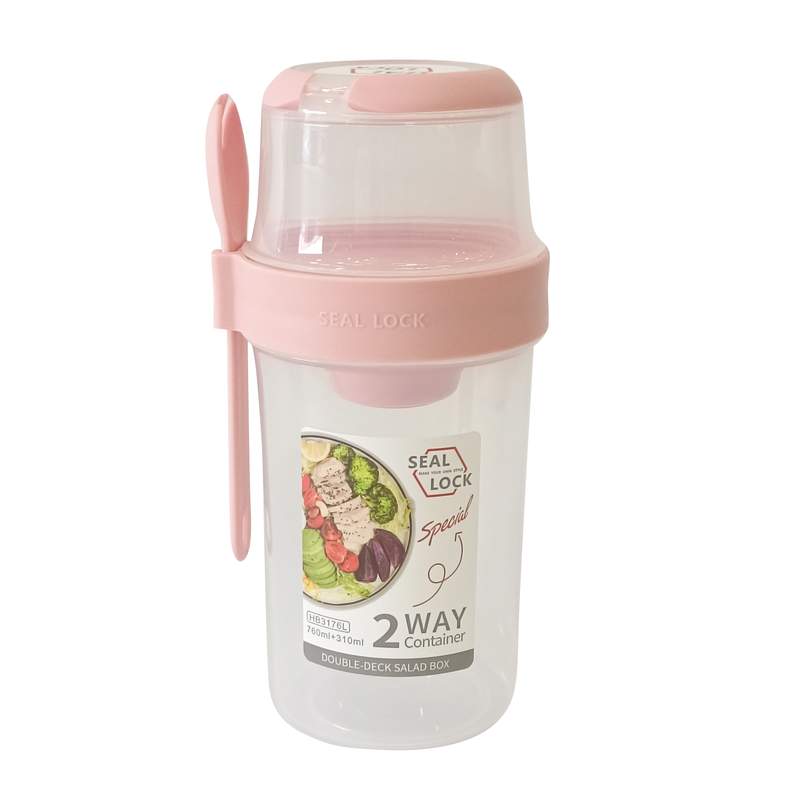 [HA3868] Vianda recipiente de plástico para ensalada, con dispensador de aderezos y tenedor, en bolsa 2 colores
