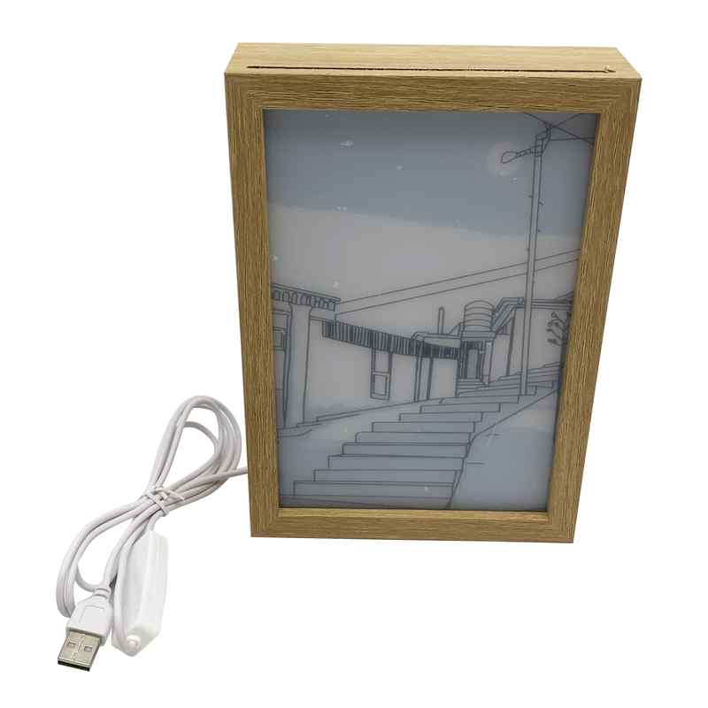 Cuadro de madera con luz, USB, en caja