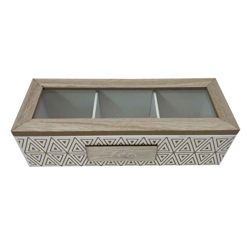 Caja para té de madera, rectangular, 3 reparticiones, en caja