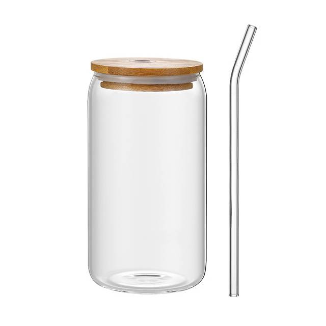 Vaso con sorbito, de vidrio 500ml, tapa de bambú, en caja