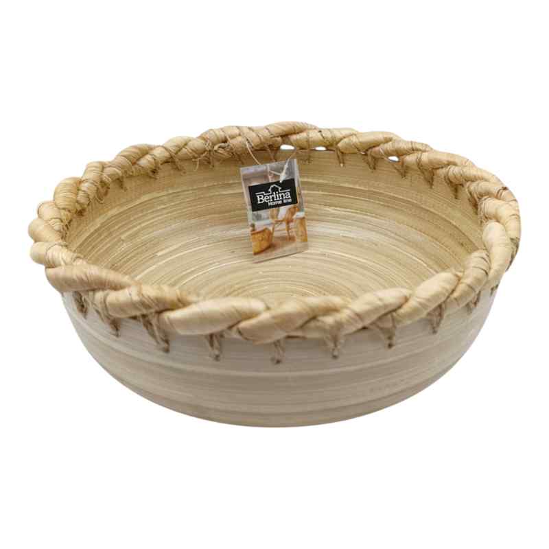 Cesto redondo de madera, con borde trenza