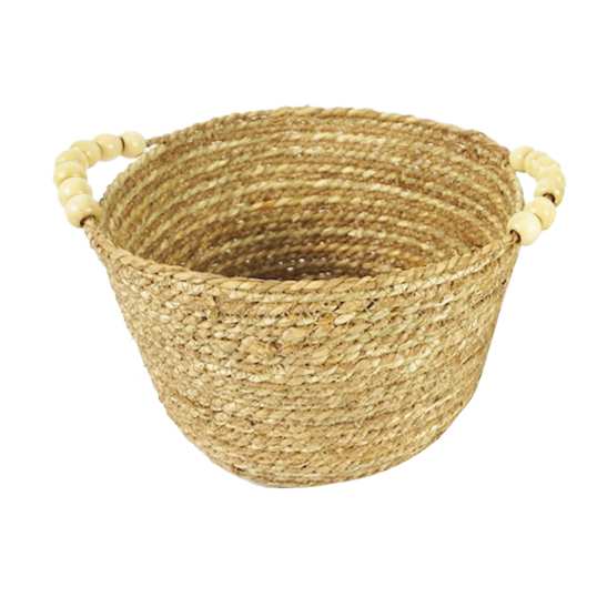 [HA4580] Cesto canasto 2 asas con cuentas, grande, de fibras naturales, junco de agua