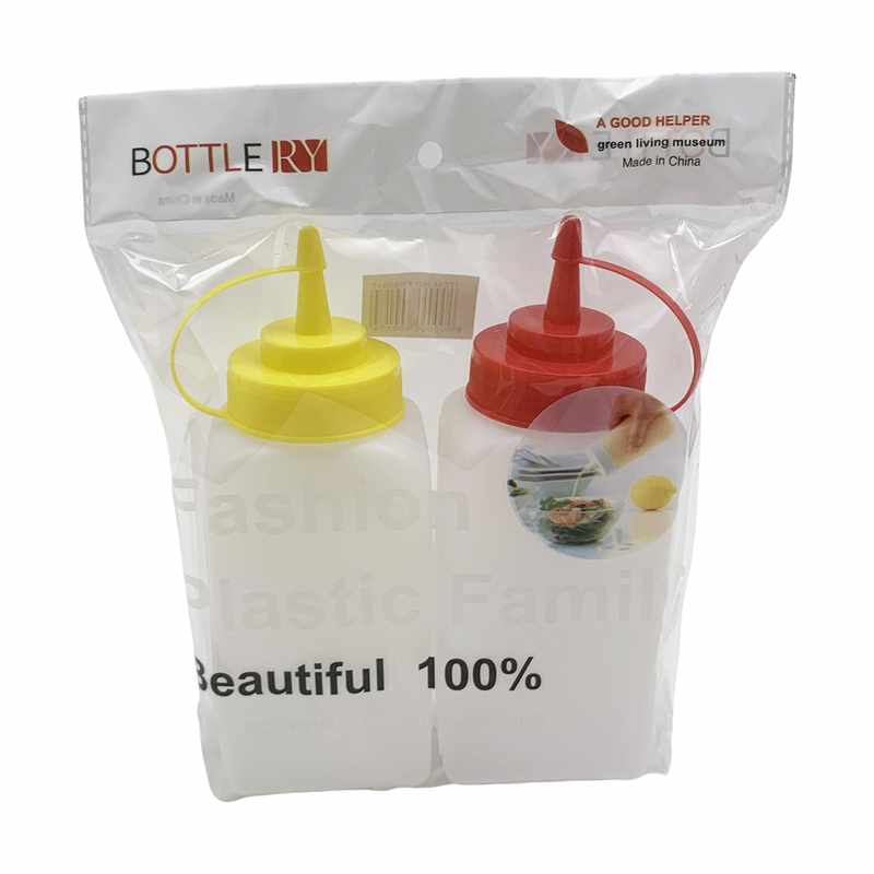 Botella dispensador de plástico con pico x2, 500ml para salsas, en bolsa