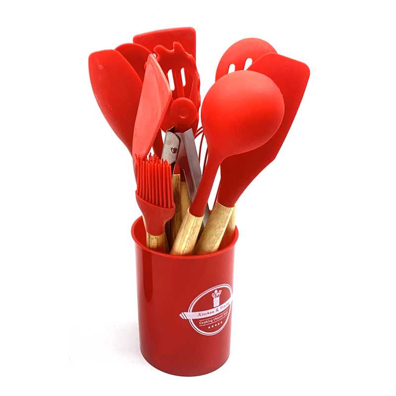 Cucharones utensilios de cocina x12 de silicona con mango de madera, en caja, varios colores