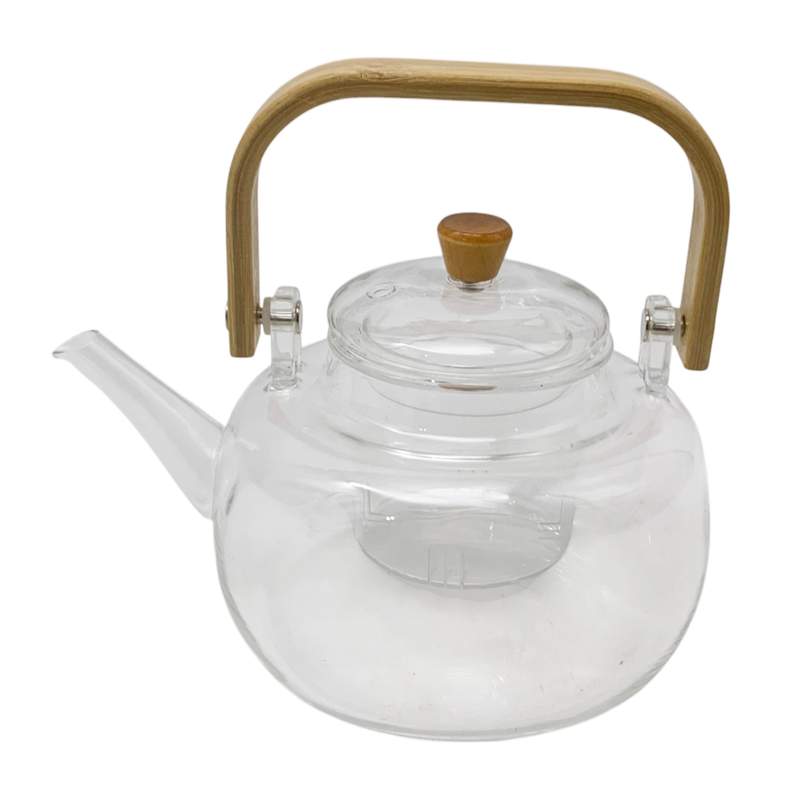 Tetera de vidrio con filtro, 900ml, mango de madera, en caja