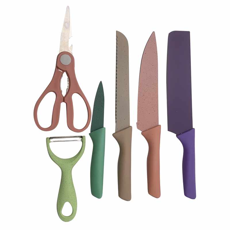 Pelapapas, tijera y 4 cuchillos chef, de acero inoxidable con recubrimiento antiaherente de fibra de trigo, en caja