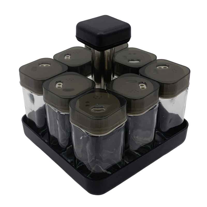 Especiero de vidrio x8, con soporte, en caja