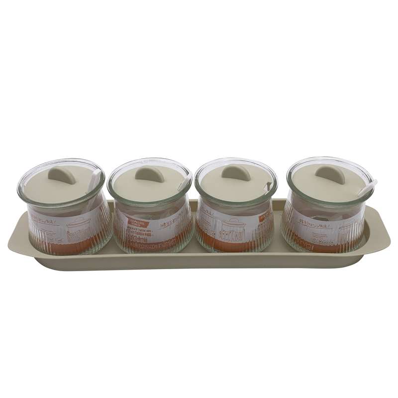 [HA5347] Especiero de vidrio x4, con bandeja y cucharas, en caja