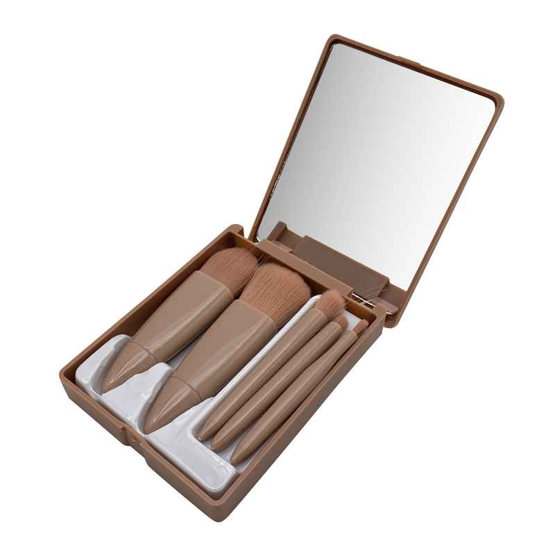[HC1436] Pincel de maquillaje x5 con espejo estuche de plástico, en bolsa varios colores