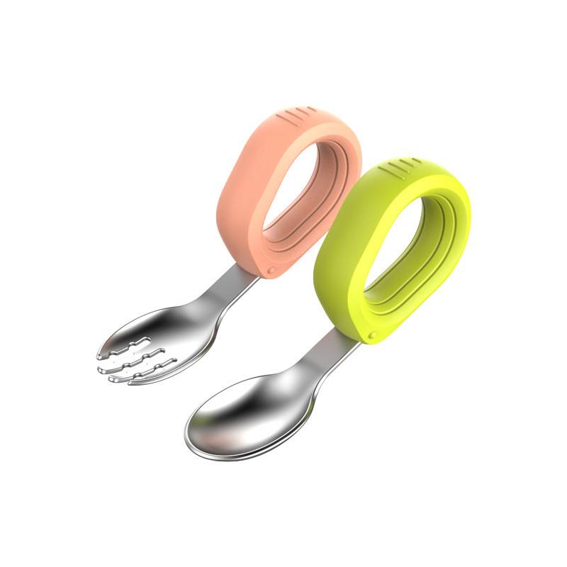 [HC1479] Cubiertos infantiles de metal x2, mango anatómico de silicona, en caja plástica