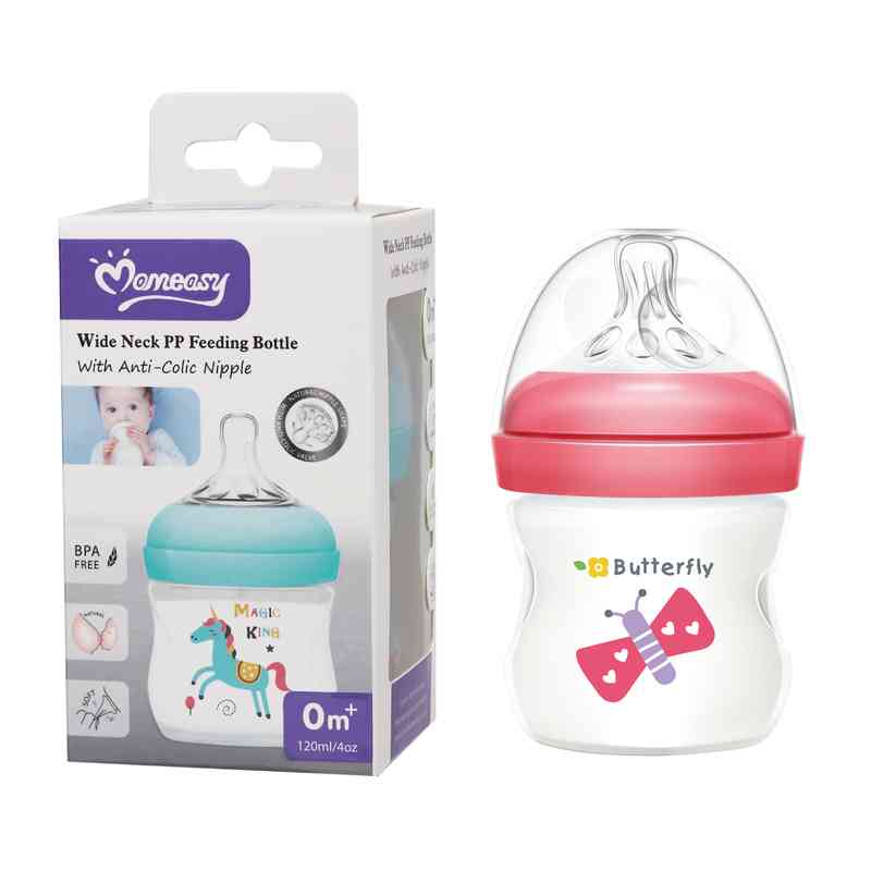 Mamadera de plástico 120ml tetina natural boca ancha, en caja, varios colores MOMEASY