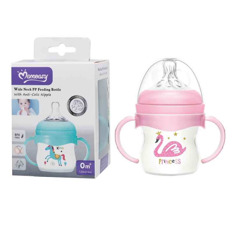 [HC1678] Mamadera de plástico 120ml con asas tetina natural, boca ancha en caja, varios colores MOMEASY