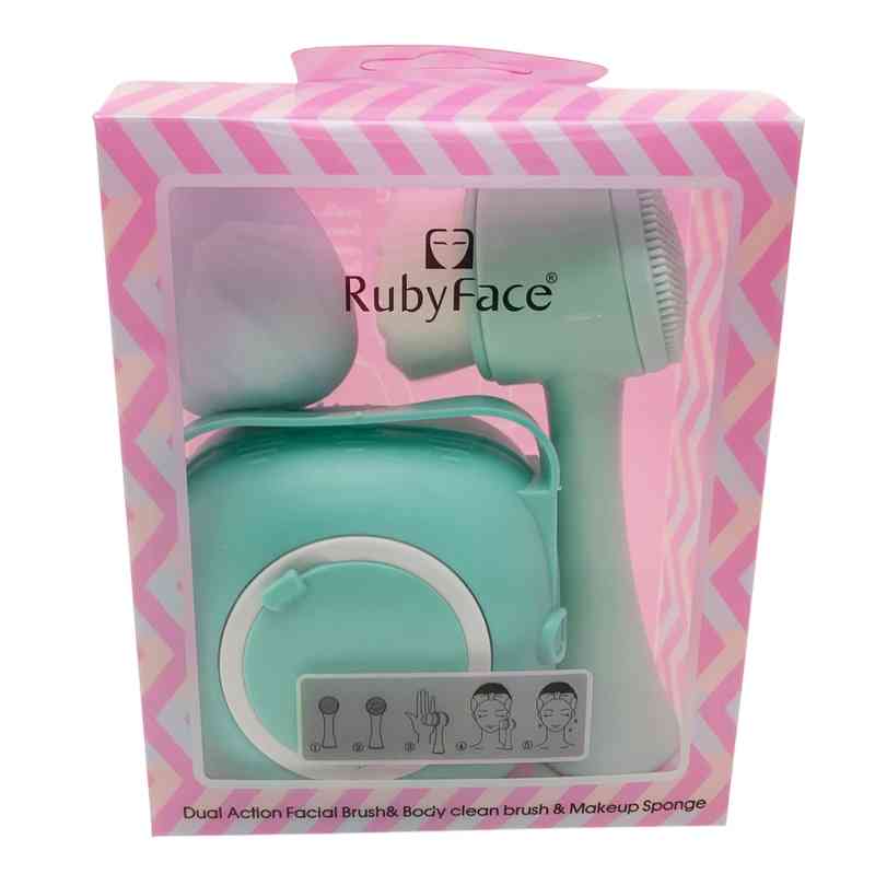 Cepillo facial y cepillo masajeador, con esponja de maquillaje en caja de PVC, varios colores