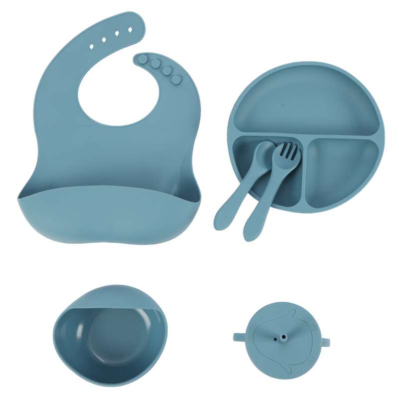 [HC1961] Babero con receptor de alimentos, bowl, cubiertos, vaso con tapa y plato de silicona, 6 piezas, en caja, varios colores
