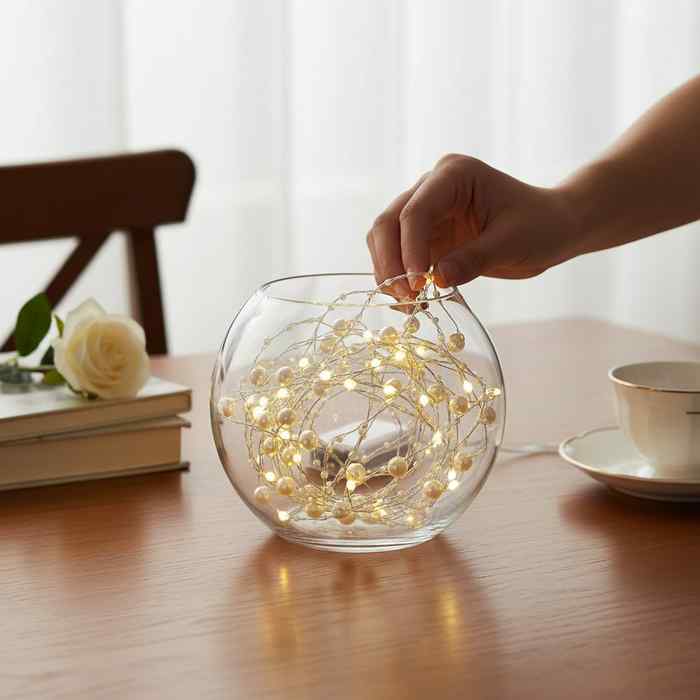 [HE1833] Luces perlitas distintos tamaños, alambre 1,5m 2AA en caja