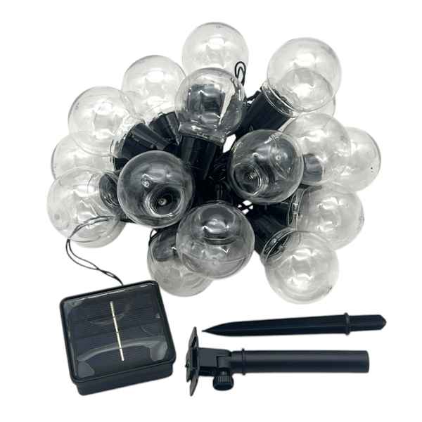 Luces led cálidas, guía de 20 bolas de plástico, recarga solar en caja
