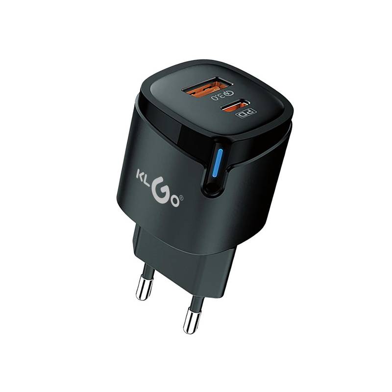 [HE1927] Cargador con entrada USB-C y USB-A, 30W, KLGO, en caja